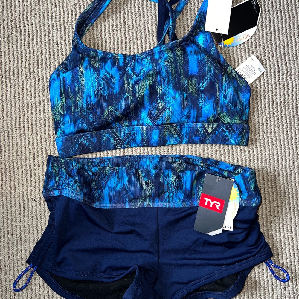 TYR Blue Patterned Sports Bra and Shorts Set